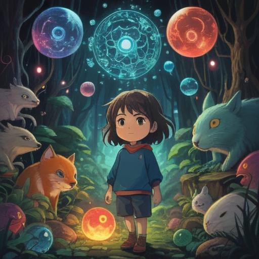 A whimsical illustration depicting a child surrounded by vibrant spiritual symbols, glowing orbs representing positive energy, playful animals conveying messages of protection, a serene environment with gentle sunlight filtering through trees, a sense of wonder and curiosity embodied in the child's expression, enchanting colors that evoke a sense of magic and spirituality, captivating details that invite exploration and understanding, 4k