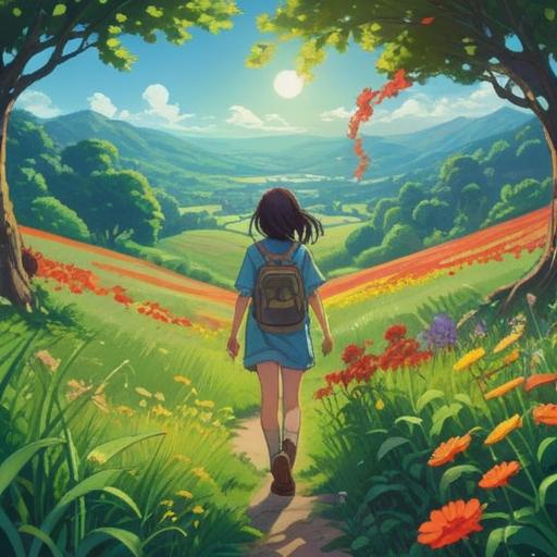 A serene landscape illustration, a person walking in a lush green field, vibrant flowers blooming around, a clear blue sky above, gentle sunlight casting warm rays, moments of reflection and joy, symbols of happiness scattered throughout, 4k