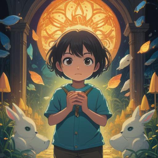 A serene and enchanting scene depicting a child surrounded by ethereal light, symbols of purity and innocence, whimsical creatures nearby, a sense of wonder in the air, gentle expressions, natural elements like soft flowers and glowing butterflies, a dreamy landscape, harmonious colors, inviting atmosphere, spiritual connections, 4k