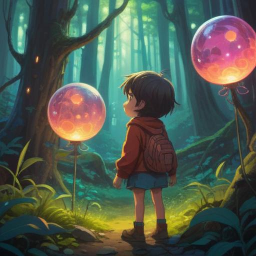 A whimsical scene of a child gazing at glowing orbs in a serene forest, soft light filtering through the trees, vibrant colors symbolizing spirituality, gentle creatures appearing as guardians, ethereal energy surrounding the child, peaceful expression, magical atmosphere, nature's beauty, 4k