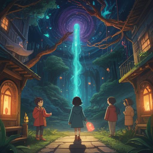 A mysterious and enchanting scene depicting spiritual signs noticeable to children, glowing symbols in the air, gentle light radiating from a wise old tree, curious children gazing in wonder, nature surrounding them, magical aura, vivid colors, children’s expressions of awe, dreamlike atmosphere, 4k