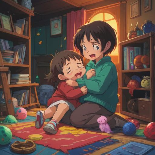 A whimsical scene of a parent comforting a crying child, showcasing various playful distractions, like colorful toys and funny faces, a warm living room setting, soft sunlight streaming through the window, cheerful expressions, heartwarming atmosphere, captivating details, 4k