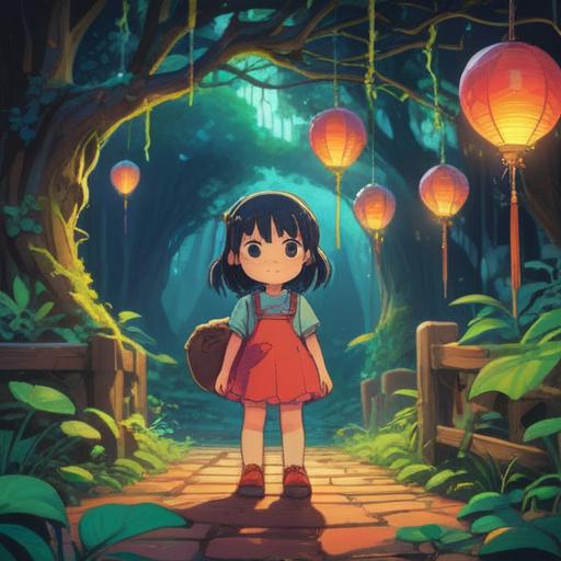 A whimsical scene depicting a young child discovering a lucky charm, bright colors, playful atmosphere, child’s perspective, sparkling light surrounding the charm, joyful expression on the child's face, lush green park setting, soft focus, enchanting details, 4k