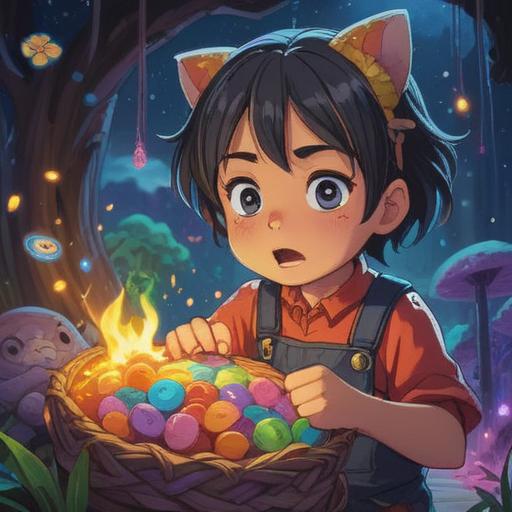 A whimsical illustration of a parent looking frustrated with a child, surrounded by colorful lucky charms and magical symbols, playful elements like stars and sparkles in the air, cozy home setting, vibrant colors, emotions captured in facial expressions, 4k