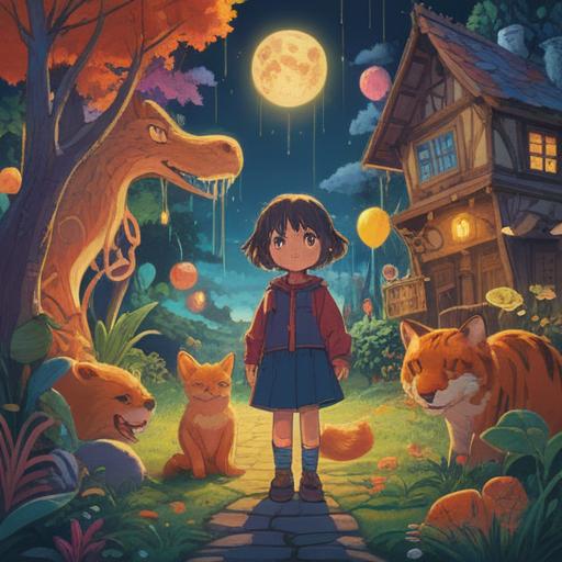 A whimsical scene depicting a child surrounded by playful animals, vibrant colors, magical atmosphere, symbols of joy and innocence, soft light illuminating the characters, elements of nature intertwining, smiling faces conveying happiness, dreamlike qualities, 4k