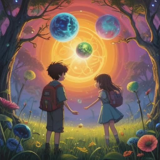 A whimsical illustration of children interacting with nature, observing glowing orbs and gentle whispers in the air, vibrant colors, playful expressions, mystical symbols in the background, a serene forest setting, inviting and magical atmosphere, elements of spirituality, 4k