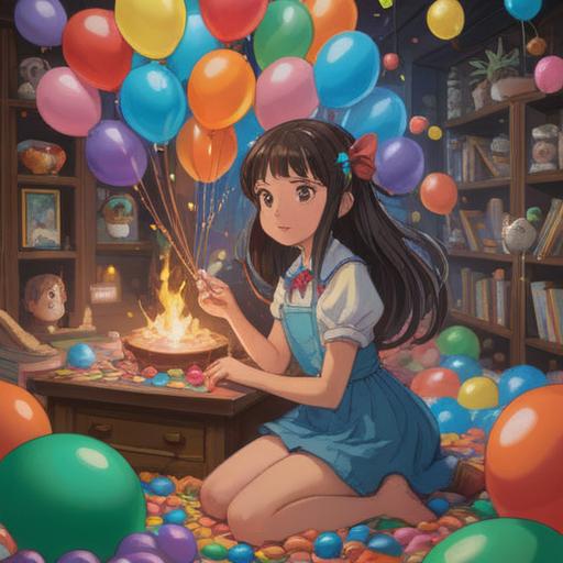 A whimsical scene depicting a woman surrounded by lucky charms for children, vibrant colors, playful atmosphere, magical objects like colorful balloons, stuffed animals, and sparkly stars, cheerful expressions, enchanting environment, 4k