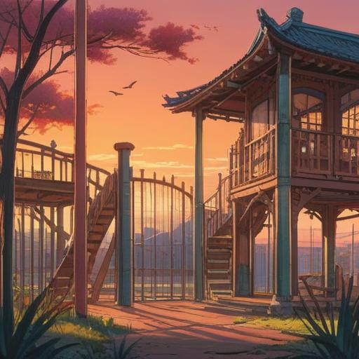 A serene and contemplative scene depicting an empty playground at sunset, soft warm colors, gentle breeze, symbolic representation of absence, spirituality and self-discovery, peaceful atmosphere, reflective nature, 4k