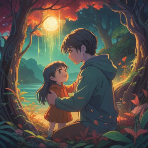 A serene illustration depicting a parent and child sharing a magical moment, surrounded by ethereal light, vibrant aura, symbolizing the spiritual connection, gentle smiles, nature elements like flowers and trees, harmonious atmosphere, conveying positive energy, warm colors, uplifting vibe, 4k