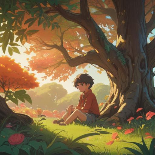 A serene scene depicting a peaceful nature setting, a parent and child sitting together under a majestic tree, warm sunlight filtering through the leaves, subtle glowing orbs representing spiritual signs around them, gentle breeze rustling the leaves, expressive faces showing connection and awareness, harmonious atmosphere, rich details in the surrounding flora and fauna, pastel colors, 4k