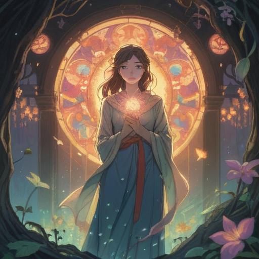 A serene and mystical illustration depicting spiritual signs of impending motherhood, soft ethereal light, a gentle glow surrounding a woman, subtle symbols of fertility like blooming flowers and butterflies, warm pastel colors, a peaceful atmosphere, a sense of anticipation and hope, harmonious nature elements, 4k