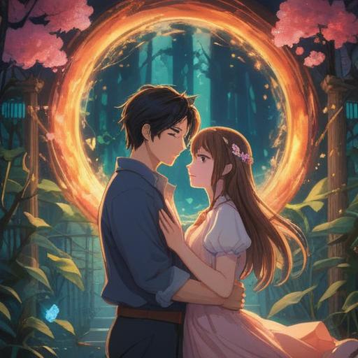 A serene and ethereal scene depicting a glowing aura surrounding a tenderly embracing couple, soft light illuminating their faces, symbols of joy and hope in the background, gentle waves of energy flowing around them, vibrant colors representing new beginnings, a sense of tranquility and anticipation, 4k