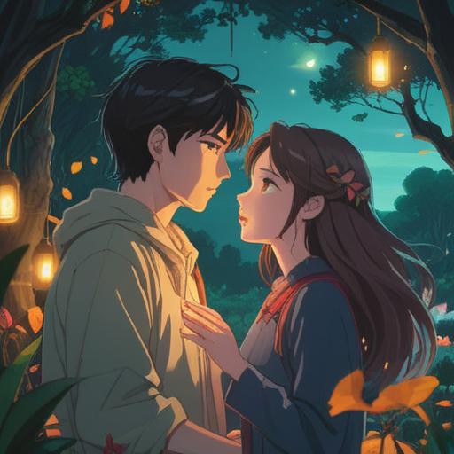 A serene scene depicting a couple in nature, subtle glowing lights around them, soft whispers of the wind suggesting a spiritual presence, gentle smiles as they hold hands, sense of anticipation and warmth in the air, floral elements symbolizing new beginnings, feather orbs floating, harmonious and peaceful atmosphere, 4k