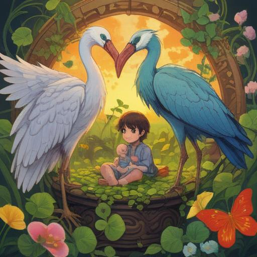 A whimsical illustration of a couple surrounded by symbols of good luck, such as a four-leaf clover, a stork carrying a baby bundle, and glowing orbs, warm colors, serene expressions, enchanting atmosphere, hints of future joy, playful and hopeful, 4k