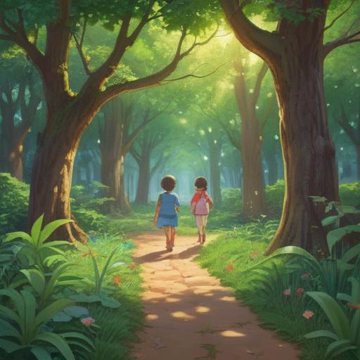 A serene and uplifting illustration of children playing joyfully in a lush park, sunlight filtering through the trees, symbols of growth and spirituality represented by blooming flowers and butterflies, a sense of connection and innocence, vibrant colors, harmonious atmosphere, hopeful energy, 4k