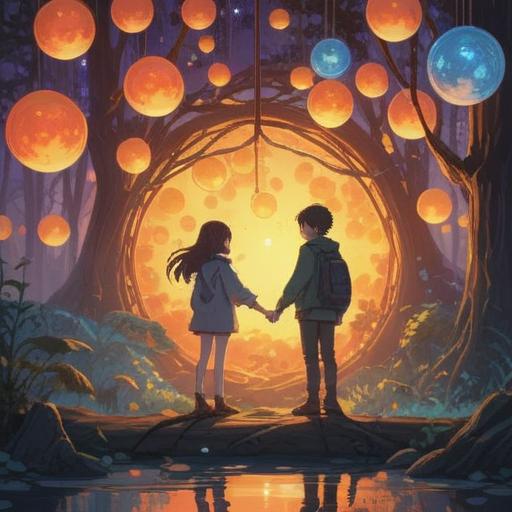 A serene and ethereal scene, depicting a hopeful couple surrounded by soft, glowing orbs of light, symbolizing their desire for children, gentle expressions filled with longing and love, an enchanting garden filled with blooming flowers, a warm sunset casting a golden hue, spiritual elements like subtle auras and gentle wisps of energy, sense of tranquility and hope, 4k