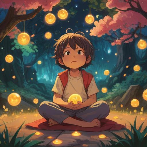 A serene scene depicting a child meditating under a blossoming tree, surrounded by glowing orbs of light representing wishes, soft sunlight filtering through the leaves, a gentle breeze rustling the petals, a sense of tranquility and focus, vibrant colors reflecting hope and positivity, enchanting atmosphere, whimsical details, 4k