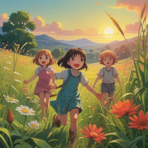 A vibrant scene depicting a group of joyful children playing in a sunlit meadow, surrounded by soft flowers and tall grass, illustrating the spiritual connection and innocence of childhood, with ethereal light emanating from their presence, a sense of unity and wonder in the air, symbolizing the purity and spiritual essence of youth, 4k