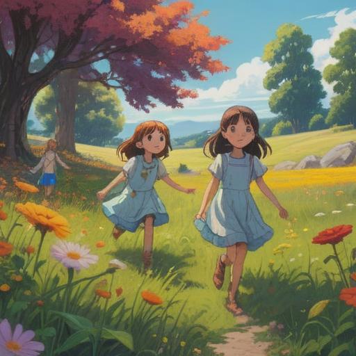 A serene and uplifting scene depicting a group of happy children playing in a sunlit meadow, vibrant flowers blooming all around, a sense of joy and harmony in the air, gentle rays of sunlight illuminating their faces, children laughing and interacting, symbols of spirituality subtly integrated into the environment, such as a rainbow in the background and soft glowing orbs floating around, conveying a positive and hopeful message, enchanting and lively atmosphere, 4k