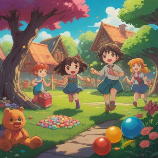 A whimsical illustration of children joyfully playing together in a sunlit park, surrounded by colorful lucky charms and toys, laughter filling the air, vibrant colors, soft focus on the happy expressions of the children, playful atmosphere, serene nature background, 4k