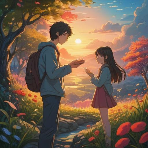 A deeply emotional scene depicting a couple in a serene setting, surrounded by soft light, symbols of hope and connection such as intertwined hands or glowing orbs, representing their journey and the spiritual meaning of love, gentle expressions, a sense of tranquility and understanding, ethereal elements suggesting an unseen bond, nature elements like blooming flowers or flowing water, 4k