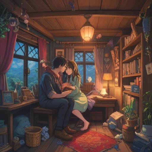 A heartwarming scene of a couple embracing each other, surrounded by lucky charms and symbols of hope, soft lighting, a cozy home environment, warm colors, an atmosphere of love and support, subtle details highlighting their bond, uplifting and optimistic vibe, 4k