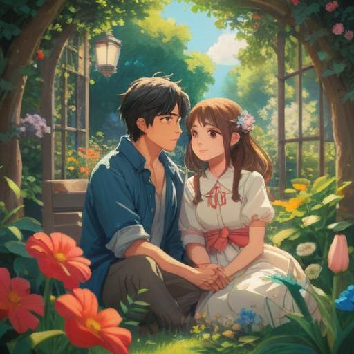 A serene illustration of a couple sitting together in a peaceful garden, surrounded by blooming flowers and gentle sunlight, gentle expressions reflecting contentment and understanding, a soft breeze rustling the leaves, symbols of hope and tranquility, subtle hints of personal items that represent their journey together, warm colors, 4k