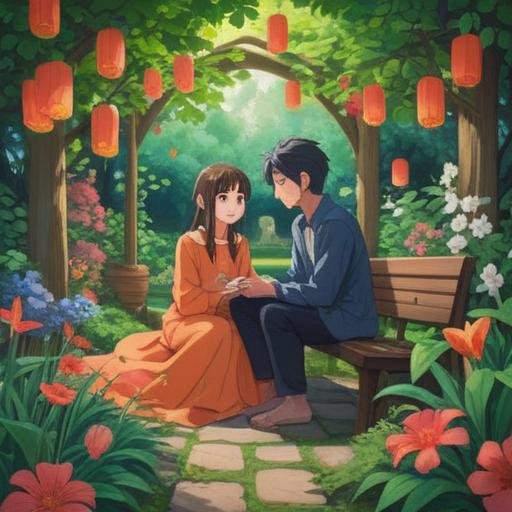 A serene and contemplative scene depicting a couple sitting together in a peaceful garden, surrounded by blooming flowers and lush greenery, symbolizing hope and connection, soft sunlight filtering through the trees, a subtle aura of energy around them, conveying spiritual growth and understanding, ethereal elements like sparkling orbs of light, 4k