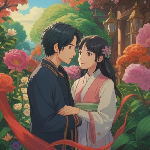 A serene illustration depicting a peaceful garden with a childless couple, surrounded by blooming flowers and soft light, symbolizing spiritual growth and inner harmony, gentle expressions on their faces, representing acceptance and gratitude, a calming ambiance, vibrant colors, ethereal elements, emphasizing connection to nature, 4k