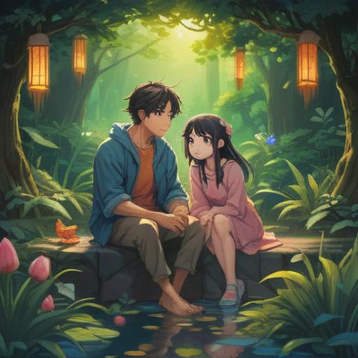A serene and reflective scene depicting spiritual signs, a childless couple sitting in a peaceful garden, soft glow surrounding them, symbolic elements like feathers and butterflies, the couple gazing thoughtfully at a distant horizon, vibrant greenery and blooming flowers, a gentle breeze, calm and hopeful atmosphere, 4k