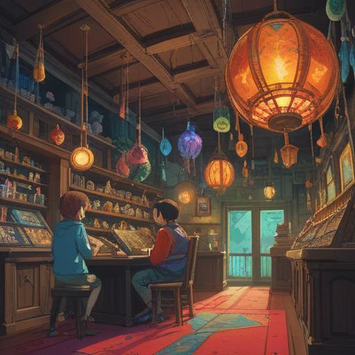 A whimsical scene featuring a lucky charm shop, colorful talismans hanging from the ceiling, a child looking in awe at various amulets, a warm and inviting atmosphere, enchanting details like sparkles and magical glows, soft sunlight filtering through the windows, illustrating hope and fortune, 4k