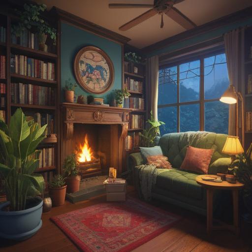 A soothing room filled with calming support items, soft lighting, a cozy armchair, plants for a serene atmosphere, a bookshelf with self-help books, a cup of herbal tea on a side table, peaceful color palette, inviting comfort, mental wellness theme, 4k