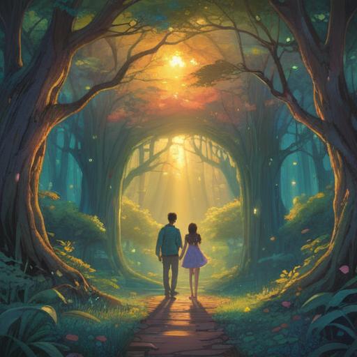 A serene and peaceful scene depicting the emotional journey of a couple seeking to have a child, ethereal light filtering through trees, gentle guardian spirits symbolizing hope, comforting nature elements, soft pastel colors, a feeling of tranquility and connection, spiritual energy in the air, abstract representations of potential and possibility, harmonious atmosphere, 4k
