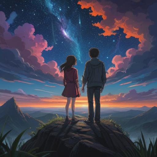 A thought-provoking illustration depicting a serene yet unsettling scene, a couple gazing at a distant starry sky, subtle shadows representing spiritual signs, a gentle breeze rustling through the grass, ethereal light illuminating their faces, hidden symbols in the landscape, a calm yet reflective atmosphere, deep emotional connection, 4k