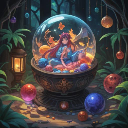 A serene and comforting scene depicting a collection of spiritual lucky items, vibrant colors, a crystal orb glowing softly, various charms and amulets arranged harmoniously, surrounded by delicate flowers and greenery, warm sunlight filtering through, creating a peaceful atmosphere, a sense of hope and positivity, 4k