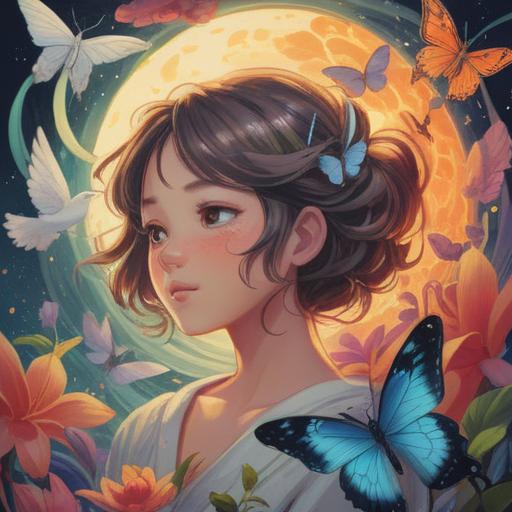 A serene and uplifting illustration, gentle colors, spiritual symbols like butterflies and doves, nurturing atmosphere, a glowing figure representing fertility, surrounded by nature, soft light filtering through trees, peaceful expressions, 4k