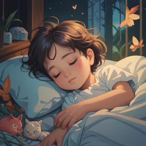 A surreal and thought-provoking illustration, depicting a child peacefully sleeping, ethereal light surrounding them, symbolic representations of innocence and vulnerability, soft clouds in a dreamlike sky, spiritual elements such as gentle spirits watching over, abstract imagery representing life and death, a sense of tranquility and reflection, 4k