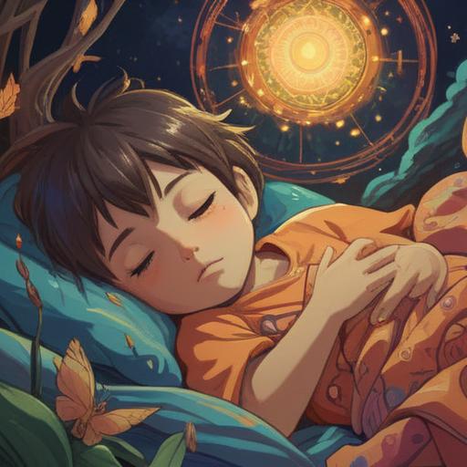 A conceptual illustration depicting a child peacefully asleep with a serene expression, glowing ethereal light surrounding them, symbolic elements representing spiritual guidance such as butterflies and stars, dreamlike atmosphere, soft pastel colors, visually conveying positive spiritual messages, calming and uplifting scene, 4k