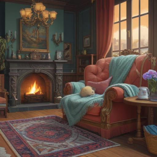 A soothing home environment, gentle lighting, calming colors, dream relief items scattered around, cozy atmosphere, a comfortable chair with soft blankets, a peaceful window view with nature, serene space for relaxation, 4k