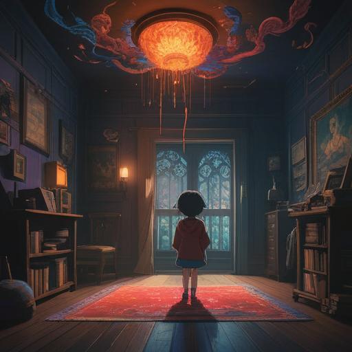 A child feeling rejected by their peers, surrounded by dark, swirling energies, a dimly lit room representing isolation, shadowy figures with disapproving expressions, vibrant colors contrasting the gloom, an ethereal presence emphasizing spiritual struggle, captivating details, thought-provoking imagery