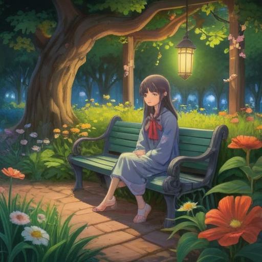 A serene illustration depicting a peaceful garden setting, a solitary figure sitting on a bench, gazing thoughtfully at blooming flowers, ethereal light shining down, symbolic representations of growth and transformation, calming colors, gentle breeze, deep connection with nature, spiritual awakening, 4k