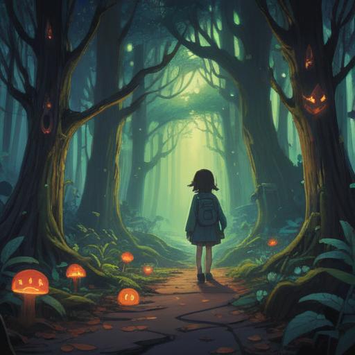 A dark, mystical forest setting, ethereal shadows creeping among the trees, a child looking uneasy and frightened, ominous spiritual symbols floating in the air, hints of dark energy swirling around, expressive facial features reflecting fear and confusion, eerie moonlight filtering through the branches, 4k resolution