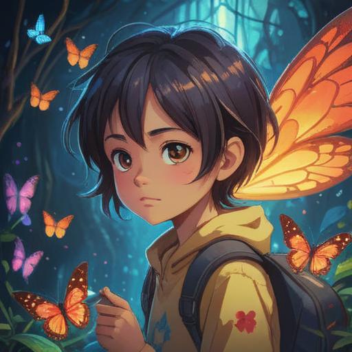 A whimsical scene depicting a child overcoming their dislike for others, vibrant colors, cheerful atmosphere, magical elements like butterflies and sparkles, friendly animals interacting with the child, moments of laughter and joy, lush green surroundings, uplifting mood, 4k