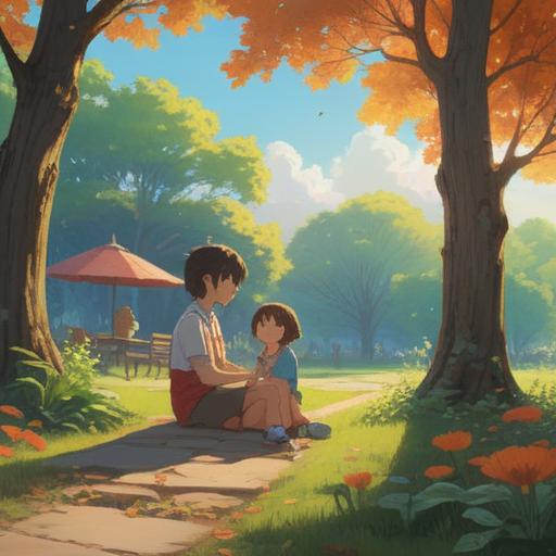 A heartwarming scene of a parent and child sharing a meaningful moment, cozy environment, playing together in a sunlit park, laughter and joy, bonding through storytelling, colorful toys scattered around, gentle expressions on their faces, nature in the background, bright and cheerful atmosphere, 4k