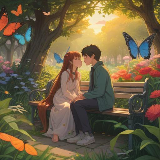 A serene illustration of a peaceful garden at sunrise, young couple sitting on a bench, surrounded by blooming flowers and fluttering butterflies, soft light illuminating their faces, symbols of spiritual growth and new beginnings, gentle aura, harmonious atmosphere, 4k