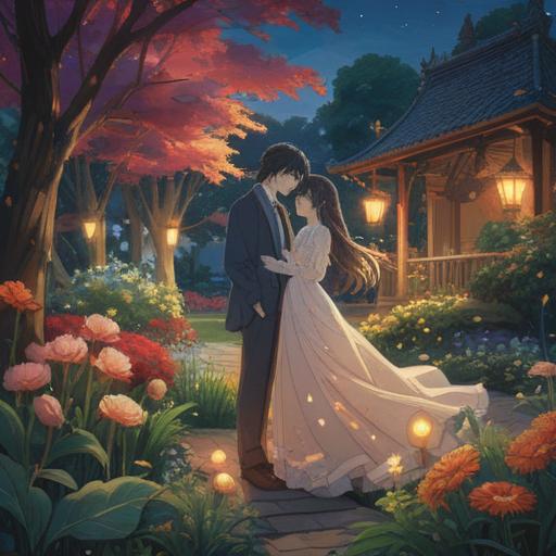 A mystical and serene depiction of a couple in a tranquil garden, soft glowing lights surrounding them, a feeling of anticipation and joy, symbols of fertility in the blooms, gentle whispers of nature, ethereal energy radiating, warm colors, 4k