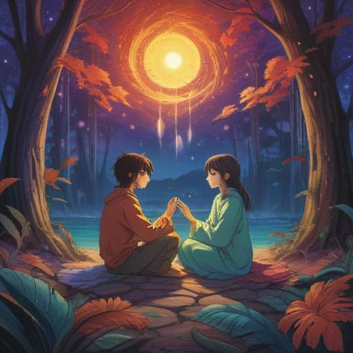 A serene and mystical illustration, a couple contemplating a family, ethereal light surrounding them, symbolic representations of spiritual signs like feathers and butterflies, a tranquil garden setting, gentle expressions showing hope and anticipation, vibrant colors, enchanting atmosphere, 4k