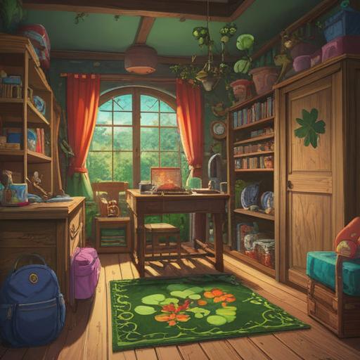 A colorful illustration of a child's room filled with lucky items, such as a four-leaf clover, a horseshoe, and a wishbone, bright warm colors, whimsical design, cheerful atmosphere, playful details, inviting space, 4k