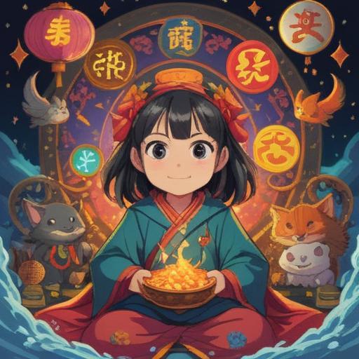 A serene illustration of a child surrounded by symbols of good fortune, bright colors, vibrant and uplifting atmosphere, gentle smiles, magical elements like four-leaf clovers and shooting stars, warm sunlight filtering through trees, inviting nature, a sense of hope and joy, 4k