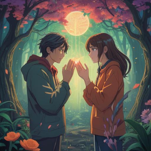 A couple facing emotional challenges, surrounded by ethereal light, symbols of hope and growth, intertwined hands representing unity, gentle expressions of love and understanding, serene nature backdrop, soft colors reflecting tranquility, spiritual journey, 4k